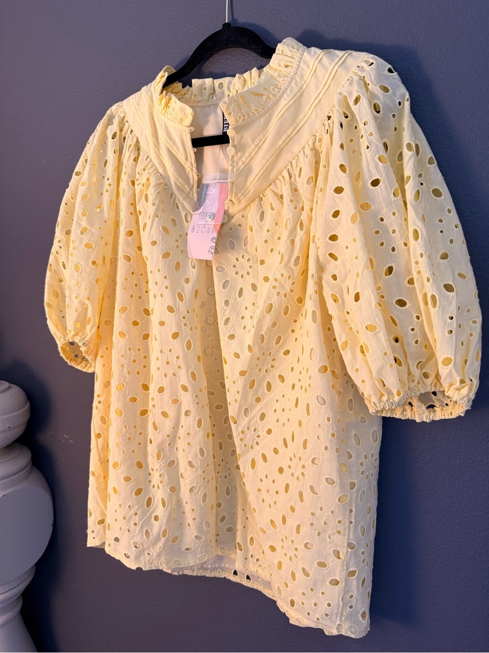 Eyelet Puff-Sleeve Blouse in Soft Yellow